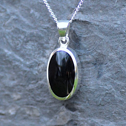 Long deep oval Whitby Jet and sterling silver pendant necklace handmade in Whitby