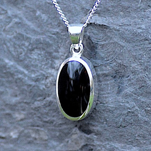 Long deep oval Whitby Jet and sterling silver pendant necklace handmade in Whitby