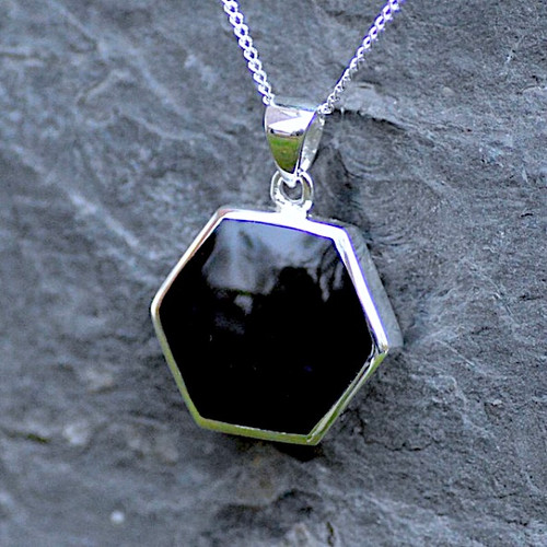 Large sterling silver Whitby Jet hexagon pendant necklace with solid silver reverse