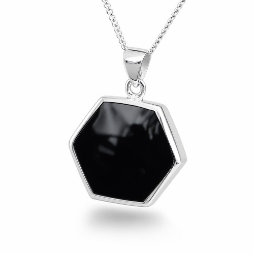 Large sterling silver Whitby Jet hexagon pendant necklace with solid silver reverse
