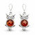 Sterling silver owl drop earrings with cognac amber cabochon and cubic zirconia eyes
