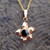 Solid 9ct yellow gold flower pendant necklace round hand carved Whitby Jet stone