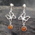 Long sterling silver and Baltic cognac amber butterfly drop earrings