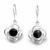 Hand crafted 925 silver floral drop earrings with round black Whitby Jet stones