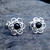 Contemporary sterling silver open flower stud earrings with round Whitby Jet cabochons