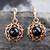 Hand crafted Whitby Jet 9ct gold frill and bead drop earrings with round cabochons