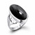 Large platinum ring with wide curved shoulder and hand cut polished elongated oval black Whitby Jet gemstone 