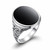 Mens platinum signet ring with carved shoulder and hand carved oval black Whitby Jet gemstone