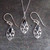 Hand crafted 925 silver necklace and drop earring gift set with marquise Jet stones