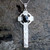 Hand crafted long Celtic sterling silver cross pendant necklace with oval Whitby Jet stone