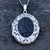 Large fancy filigree sterling silver and Whitby Jet oval locket pendant necklace