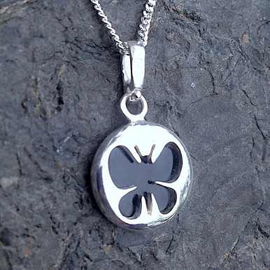 Reversible Sterling Silver Whitby Jet Butterfly Pendant Necklace