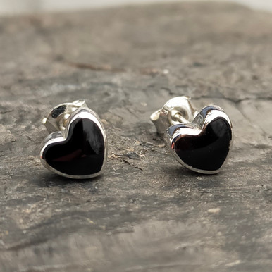 Medium Sterling Silver Whitby Jet Deep Heart Stud Earrings 565E