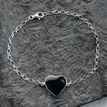 Hand crafted sterling silver Whitby Jet love heart bracelet with adjustable length