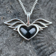 Hand crafted sterling silver Whitby Jet angel heart pendant necklace with gift box