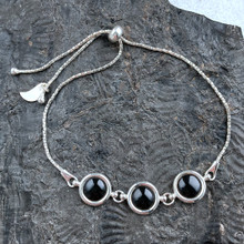 Hand crafted contemporary sterling silver Whitby Jet three round stone sliding bracelet