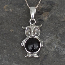 925 sterling silver owl necklace with Whitby Jet cabochon