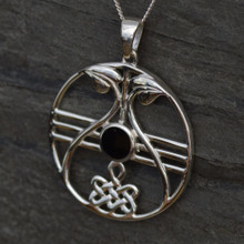 Large sterling silver round Celtic Whitby Jet pendant featuring Eternity Knot