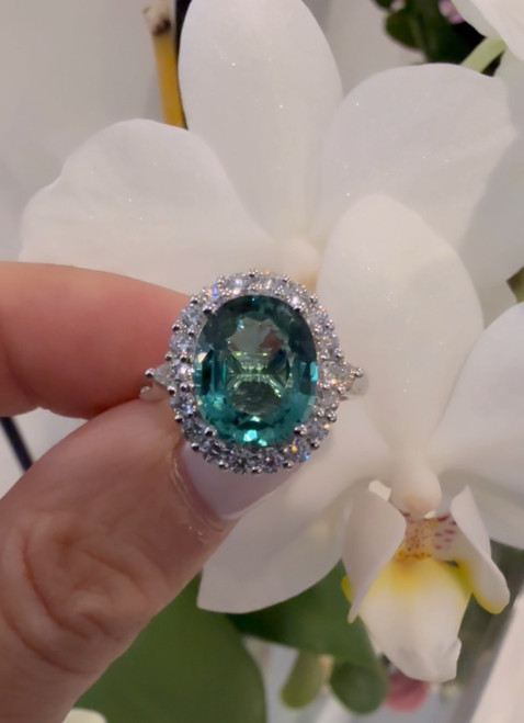 18ct White Gold ring featuring a 3.95 carat oval tourmaline with natural Diamonds