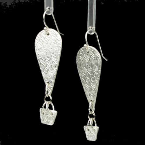 Black Left View - Earrings- .999 Fine Silver Hot Air Balloon with Basket (1635)