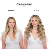 Front Before and after of woman wearing Ash Blonde Classic Clip In Extensions Cashmere Hair