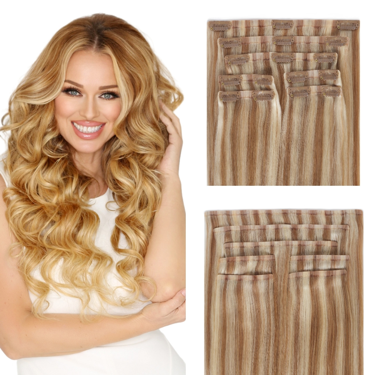 Golden Blonde Seamless Clip In Hair Extensions Cashmere Hair 