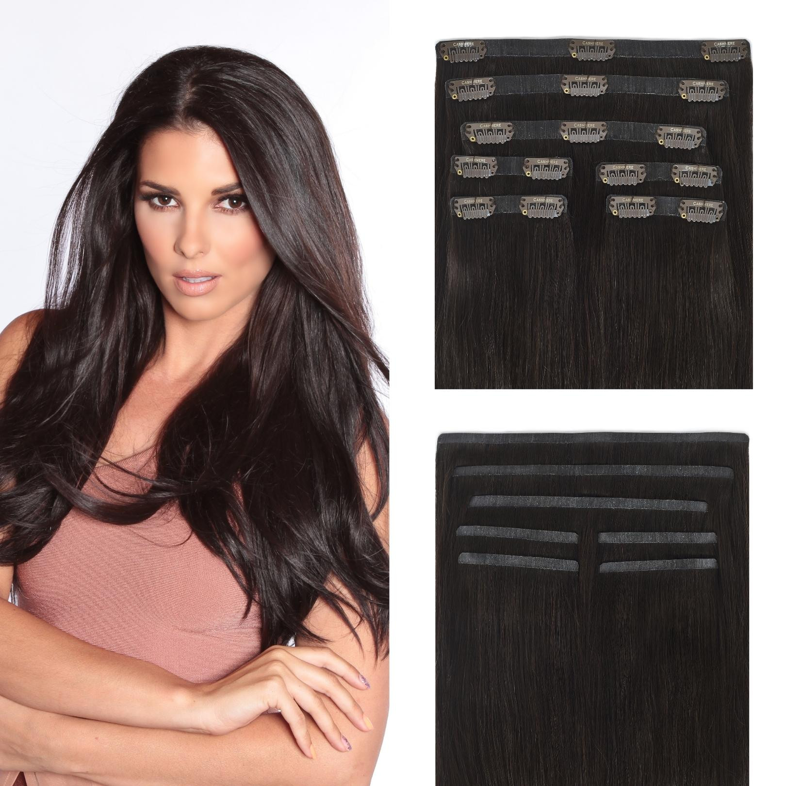 Black Brown Seamless Clip In Hair Extensions CASHMERE HAIR