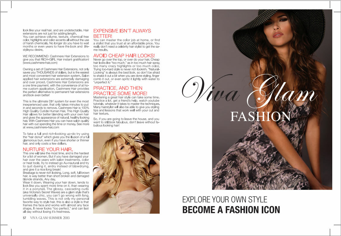 Pages from Viva Glam Magazine featuring models wearing Cashmere Hair