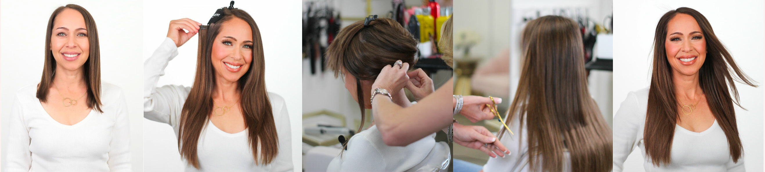 Photos showing the process of wearing Cashmere Hair Extensions