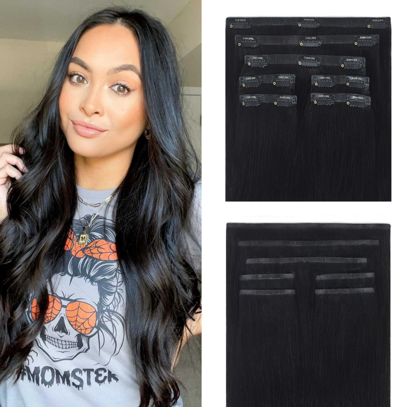 Pure Black Seamless Clip In Hair Extensions Cashmere Hair