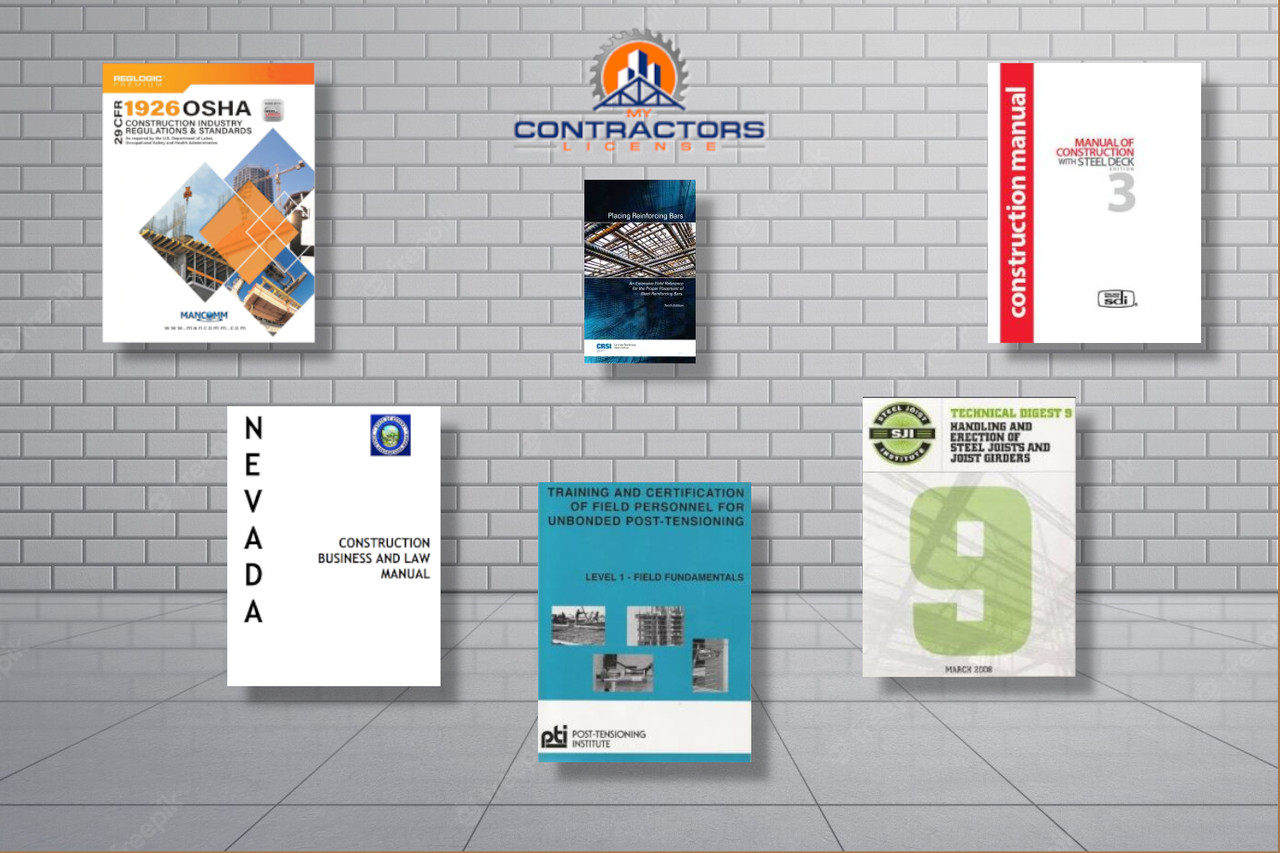 Complete Book Set for the Nevada C-14 Steel Reinforcing and Erection Contractor Exam.