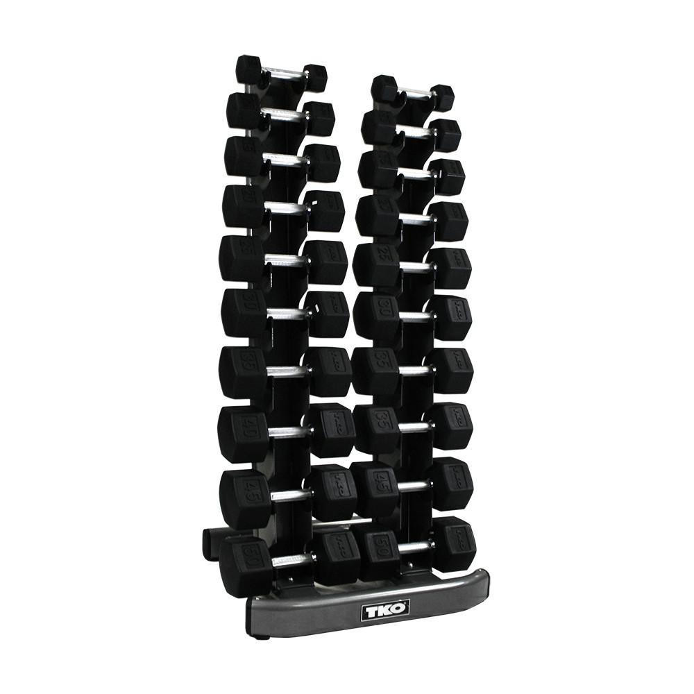 TKO (5-50 lb) Hex Rubber Dumbbells & Rack