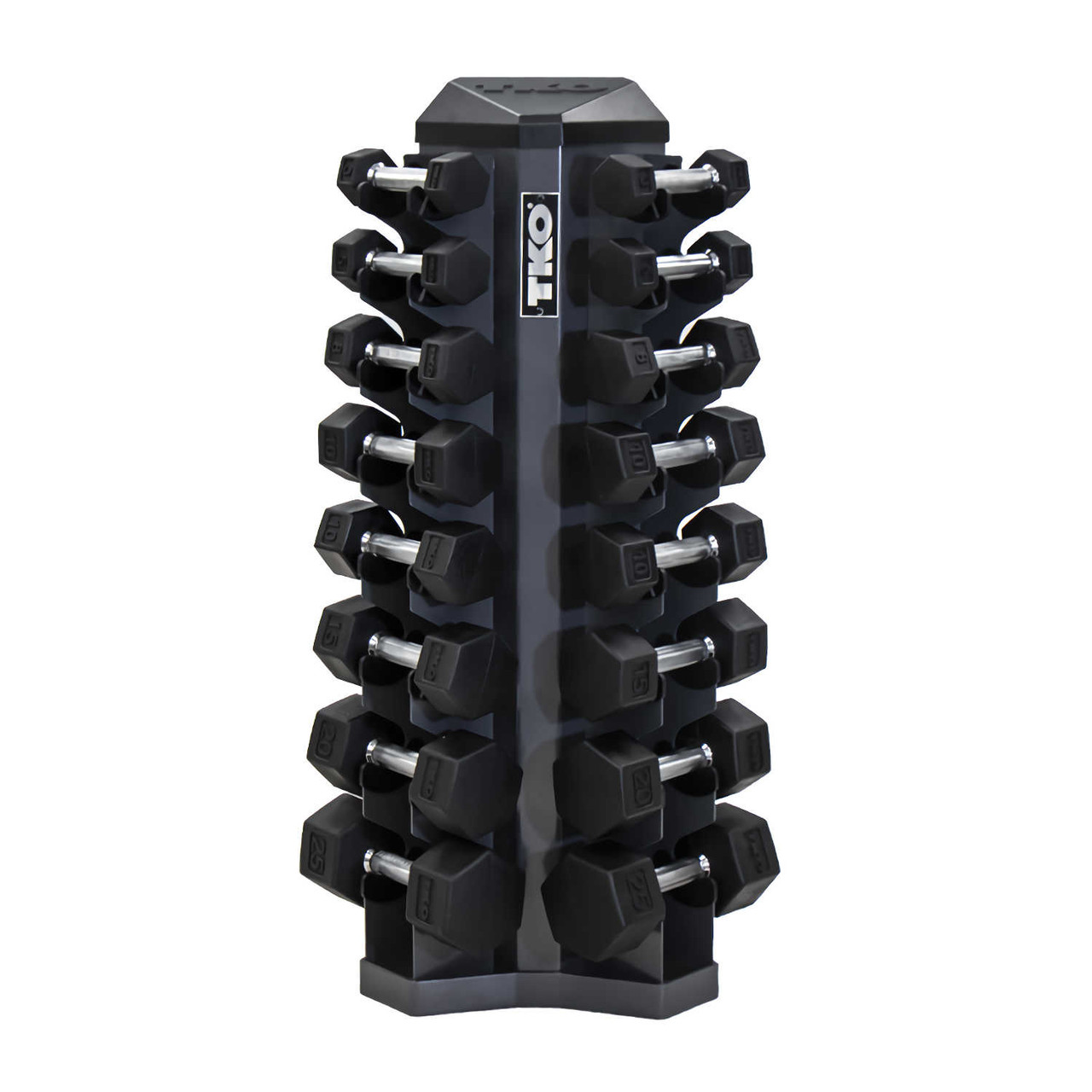 TKO (3-25 lb) Rubber Hex Dumbbells & Rack