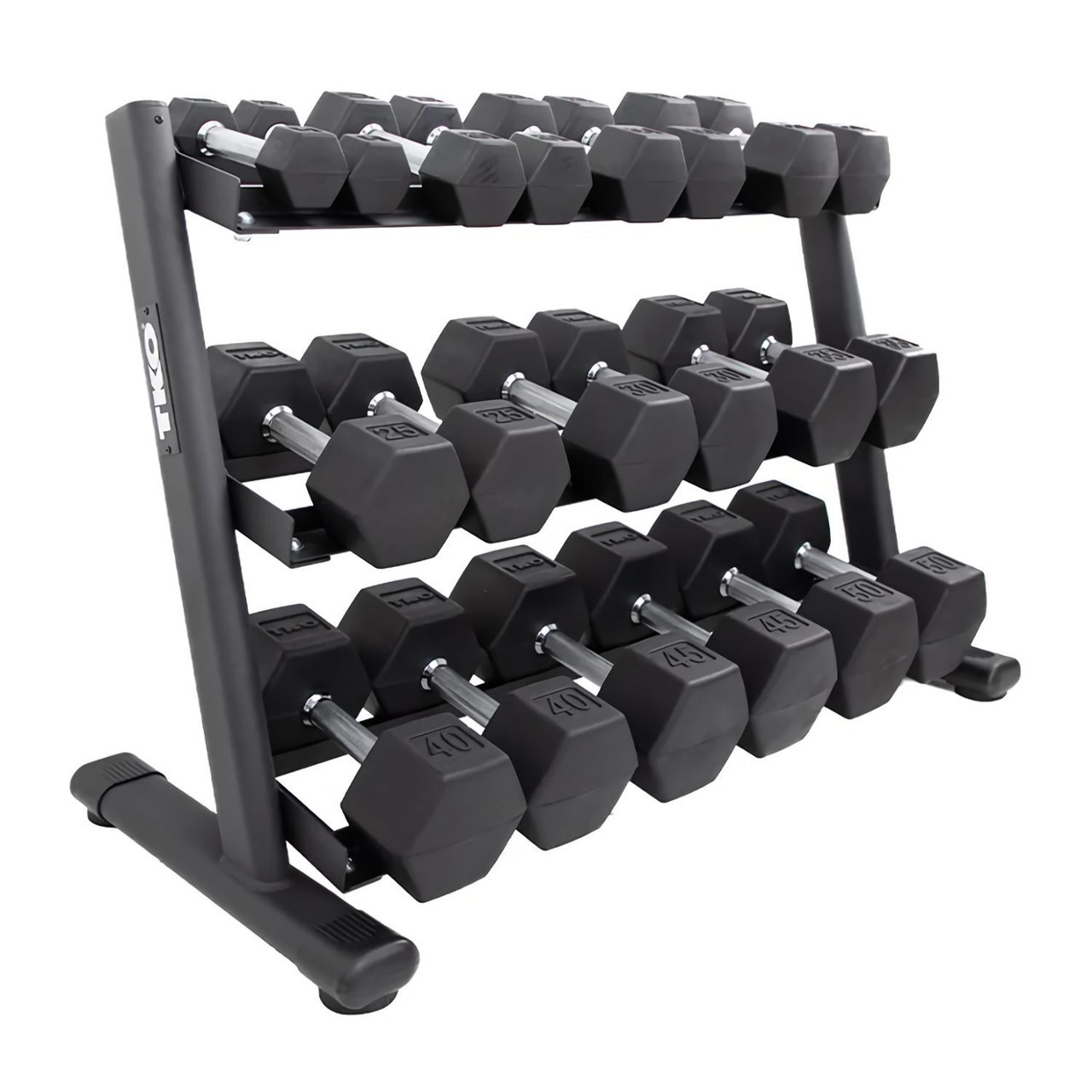 TKO (5-50 lb) Rubber Hex Dumbbells & Rack