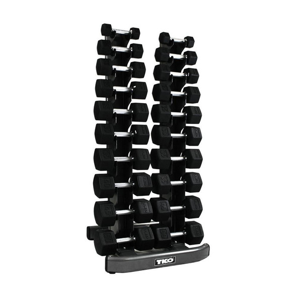 TKO 5-50 lb Hex Rubber Dumbbell Set & Rack