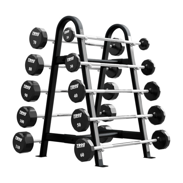 Troy 20-110 lb Fixed Urethane Barbells & Rack - Straight Bars w/ Black Matte Rack