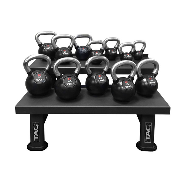 TAG Fitness 5-50 lb Rubber Kettlebells with Rack Two-Tier Steel Stand and Ten Weights