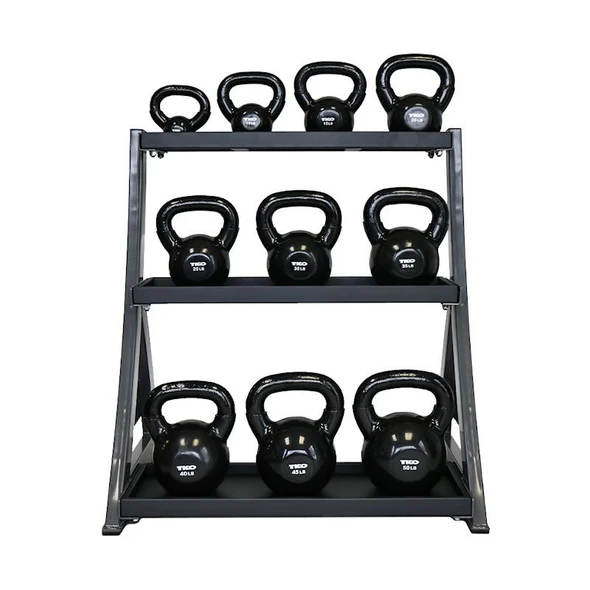 TKO 5-50 lb Vinyl Kettlebell Set with Three-Tier Storage Rack