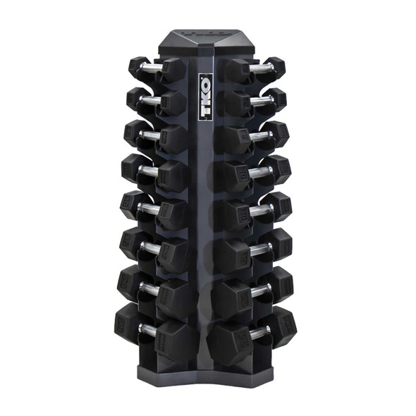 TKO 3-25 lb Rubber Hex Dumbbells & Rack