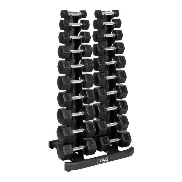 TAG Fitness 5-50 lb Rubber Hex Dumbbell Set with Vertical Rack