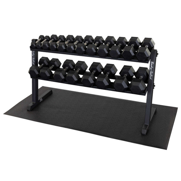 Body-Solid 5-50 lb Rubber Hex Dumbbells & Rack w/ Optional Floor Mat