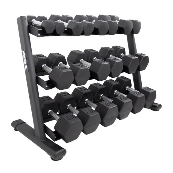 TKO (5-50 lb) Rubber Hex Dumbbells & Rack