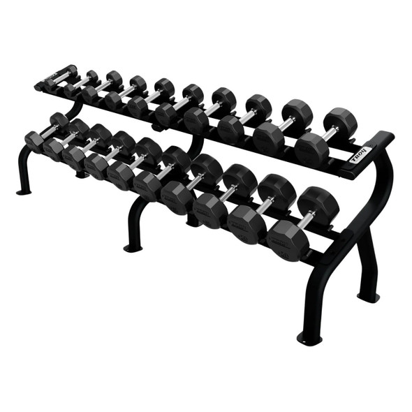 Troy Commercial 12-Sided Rubber Dumbbells with Black Storage Rack