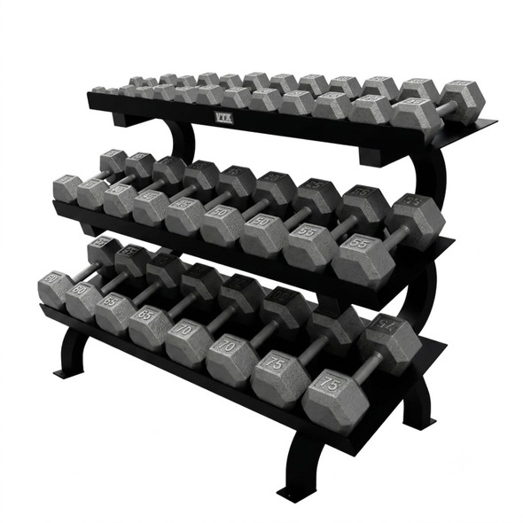Troy VTX VERTPAC-IHD75 Cast Iron Hex Dumbbell Set with 3 Tier Rack