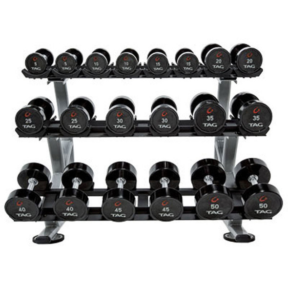 TAG Fitness (5-50 lb) Round Urethane Dumbbell Set & 3-Tier Rack