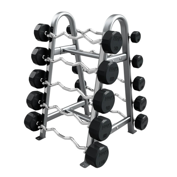 Troy (20-110 lb) 12-Sided Fixed Rubber Barbell Set & Rack - EZ Bars & Silver Rack