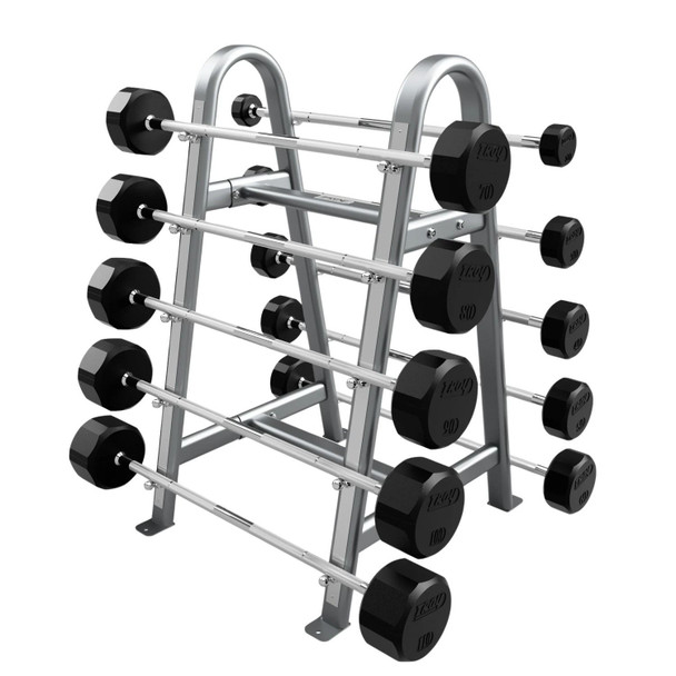 Troy (20-110 lb) 12-Sided Rubber Fixed Barbell Set & Rack - Straight Bars & Silver Rack