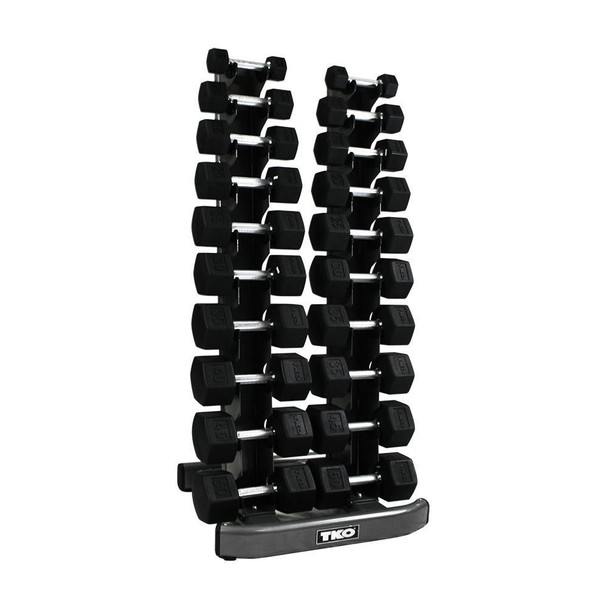 TKO 5-50 lb Hex Rubber-Coated Dumbbell Set with Vertical Rack