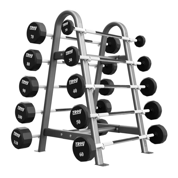 Troy 20-110 lb Fixed Urethane Barbell Set & Rack - Straight Bars w/ Silver Rack