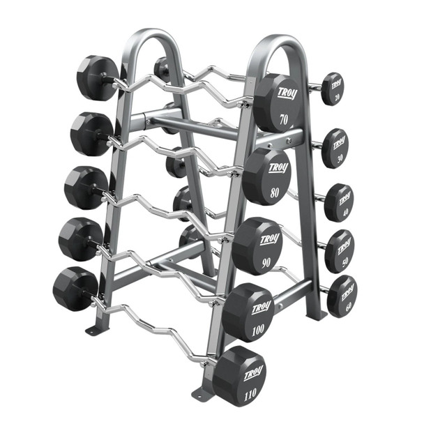 Troy 20-110 lb Fixed Urethane Barbell Set & Rack - EZ Curl Bars w/ Silver Rack